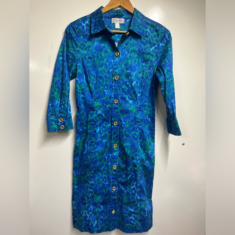 St.John Sport small blue/green print shirt dress womens designer colorful